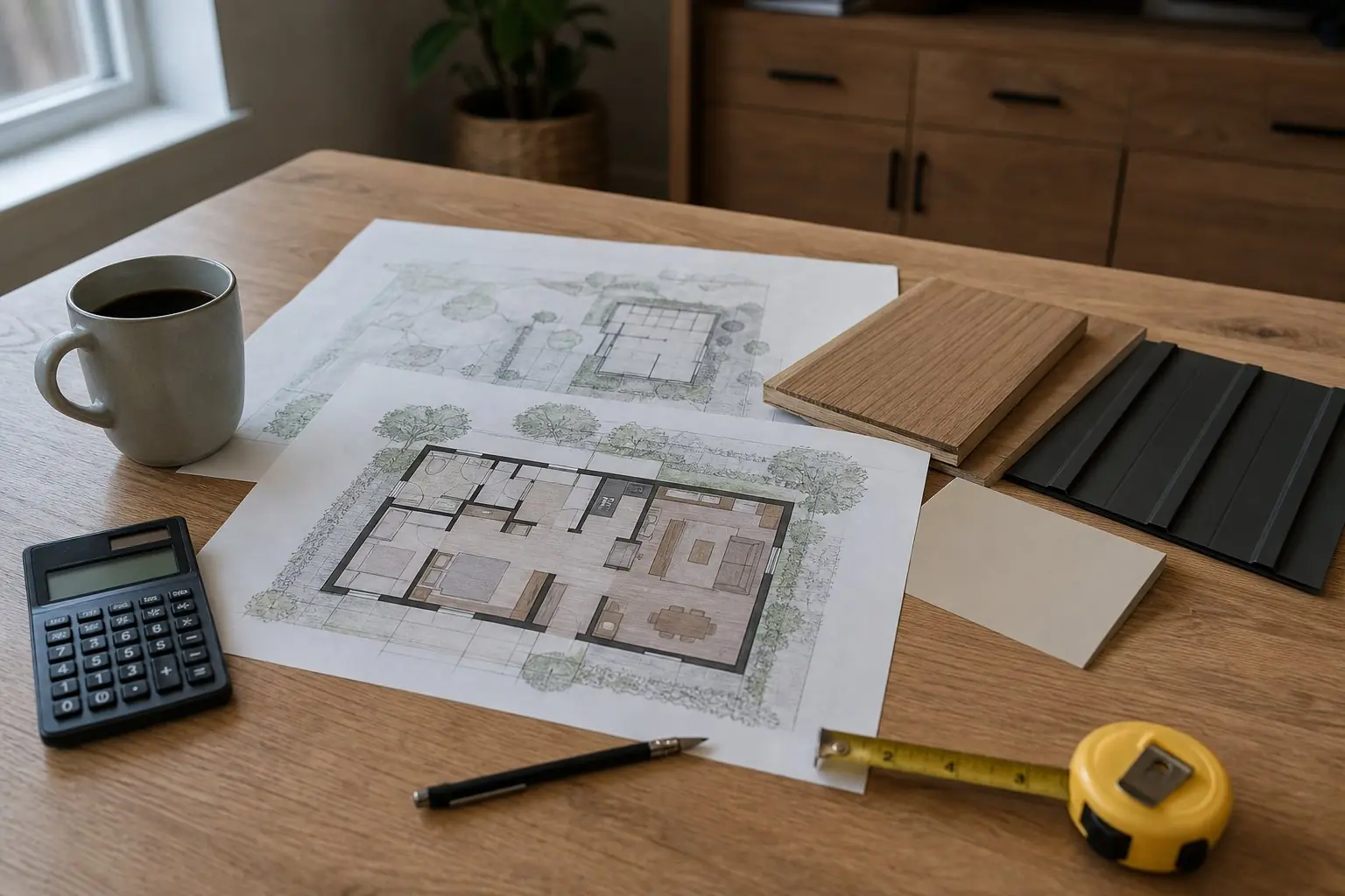 ADU floor plan and site plan on a table with a calculator, tape measure and material samples