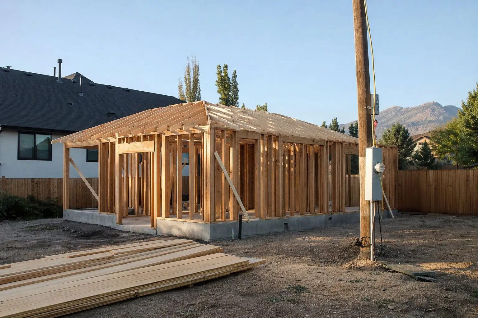 Small detached ADU under construction with wood framing and roof trusses on a slab in a backyard