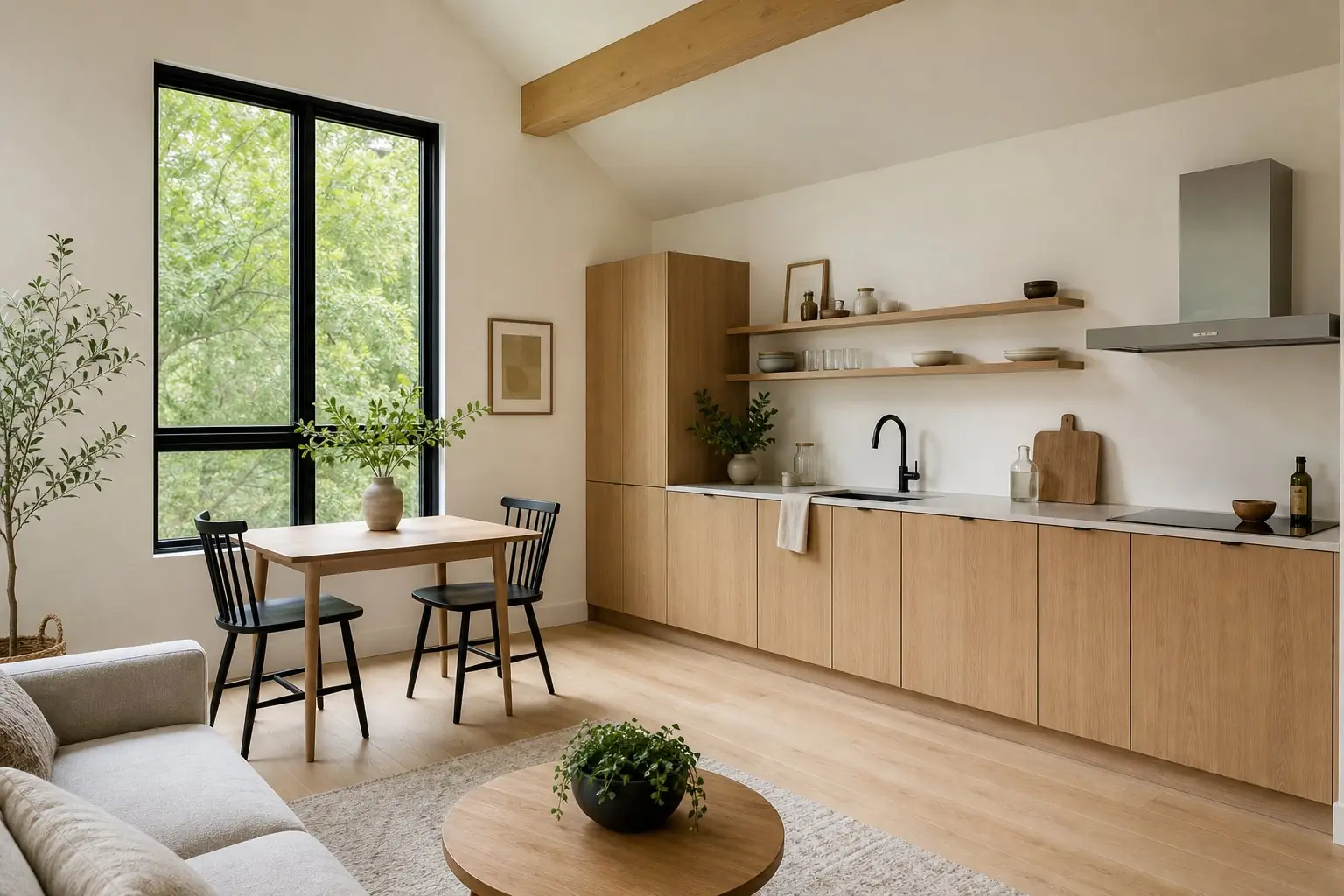 Compact ADU living area with an oak galley kitchen, a tall window and a vaulted ceiling