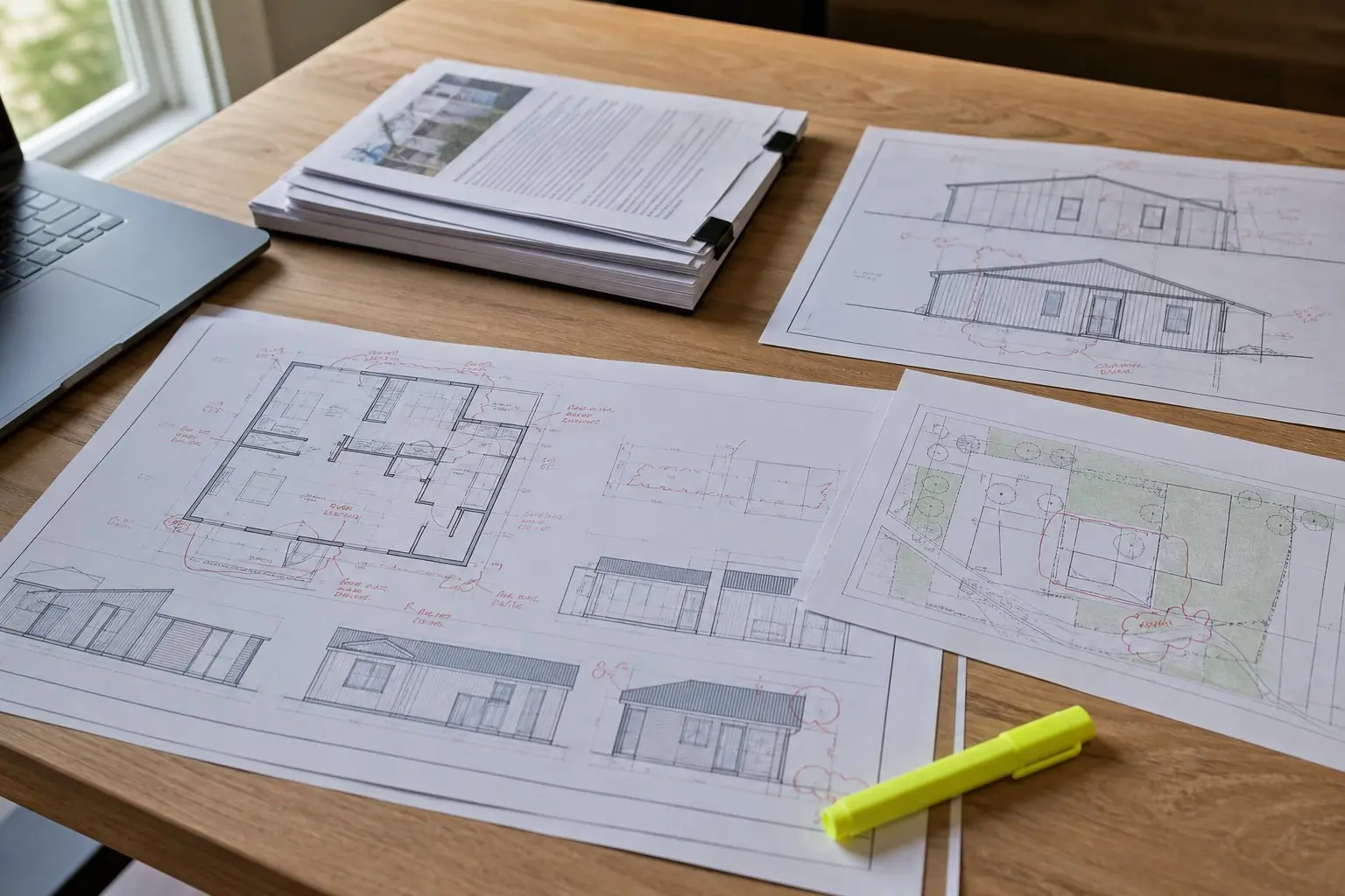 ADU permit drawings with review markups spread on a table