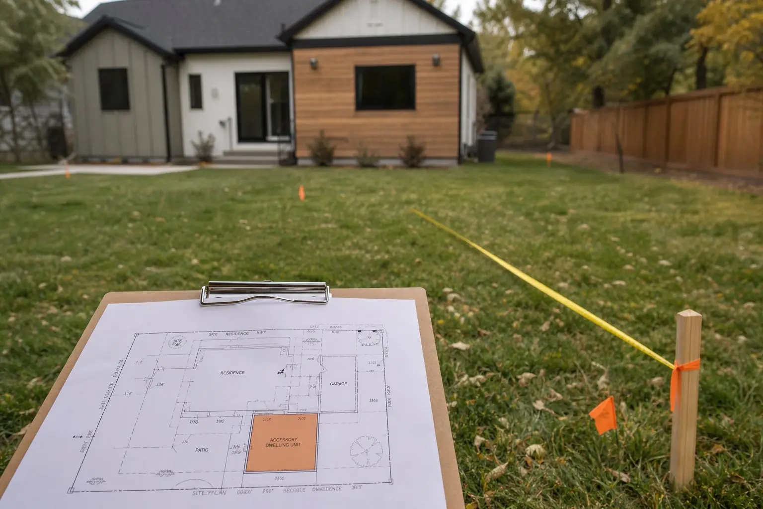 Site plan of a residential lot on a clipboard with a tape measure and survey flags marking a possible ADU footprint in a backyard