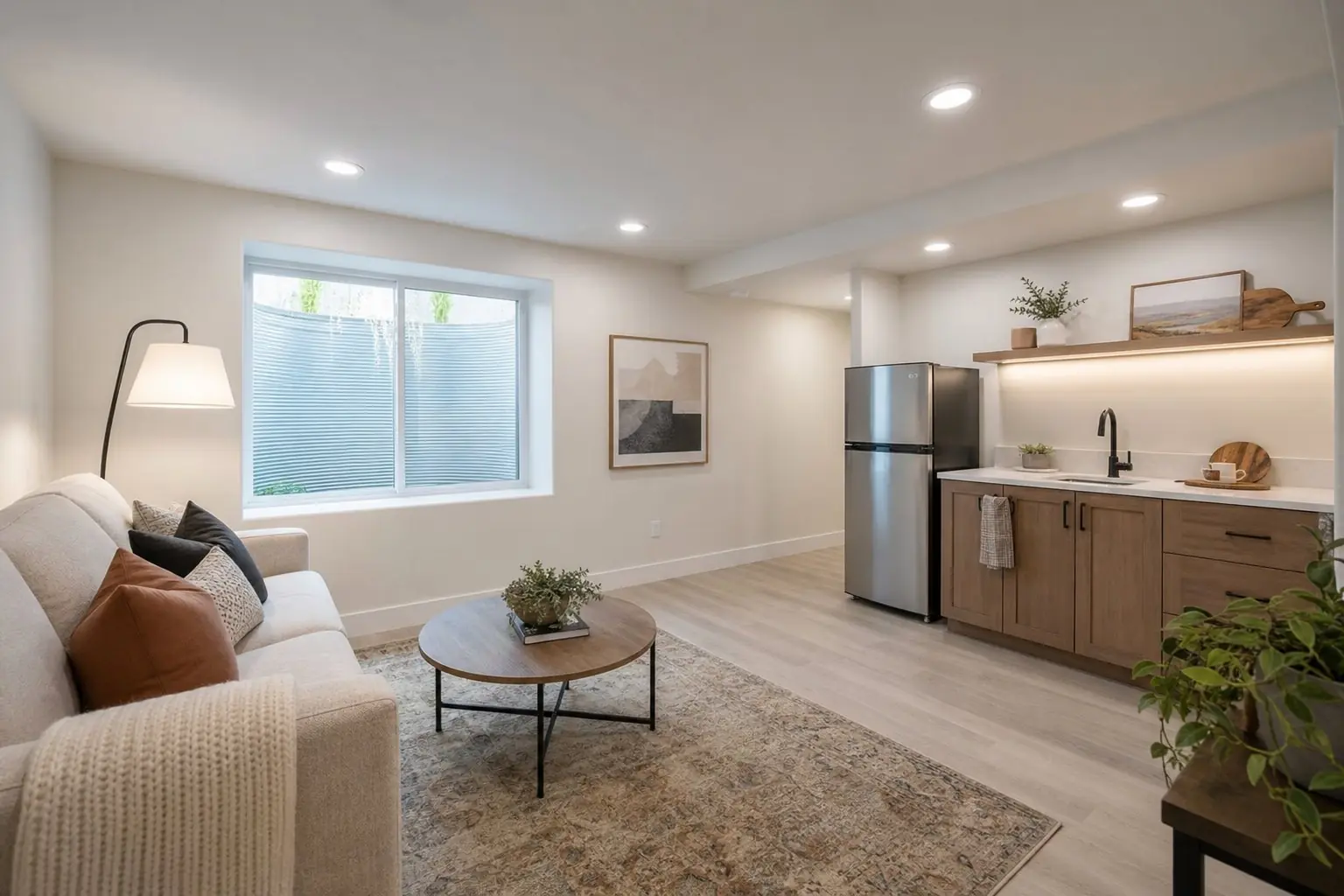 Basement ADU living room with a large egress window, light walls and a compact kitchenette