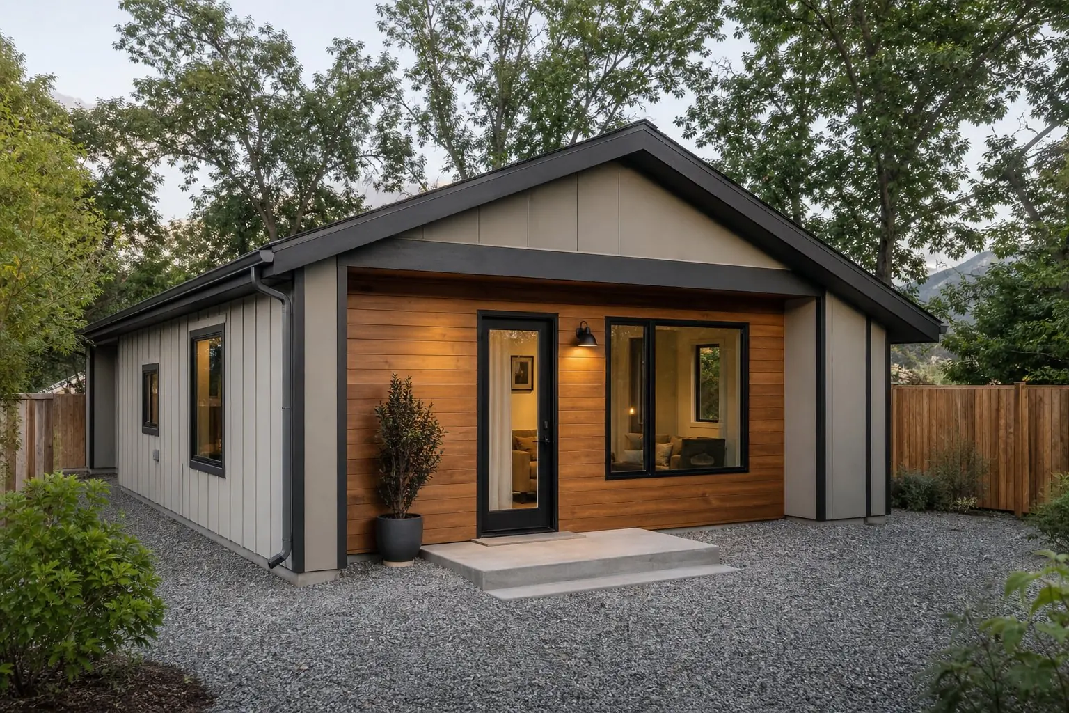 Detached garage converted to an ADU, with the old garage door opening infilled with siding and a glass entry door