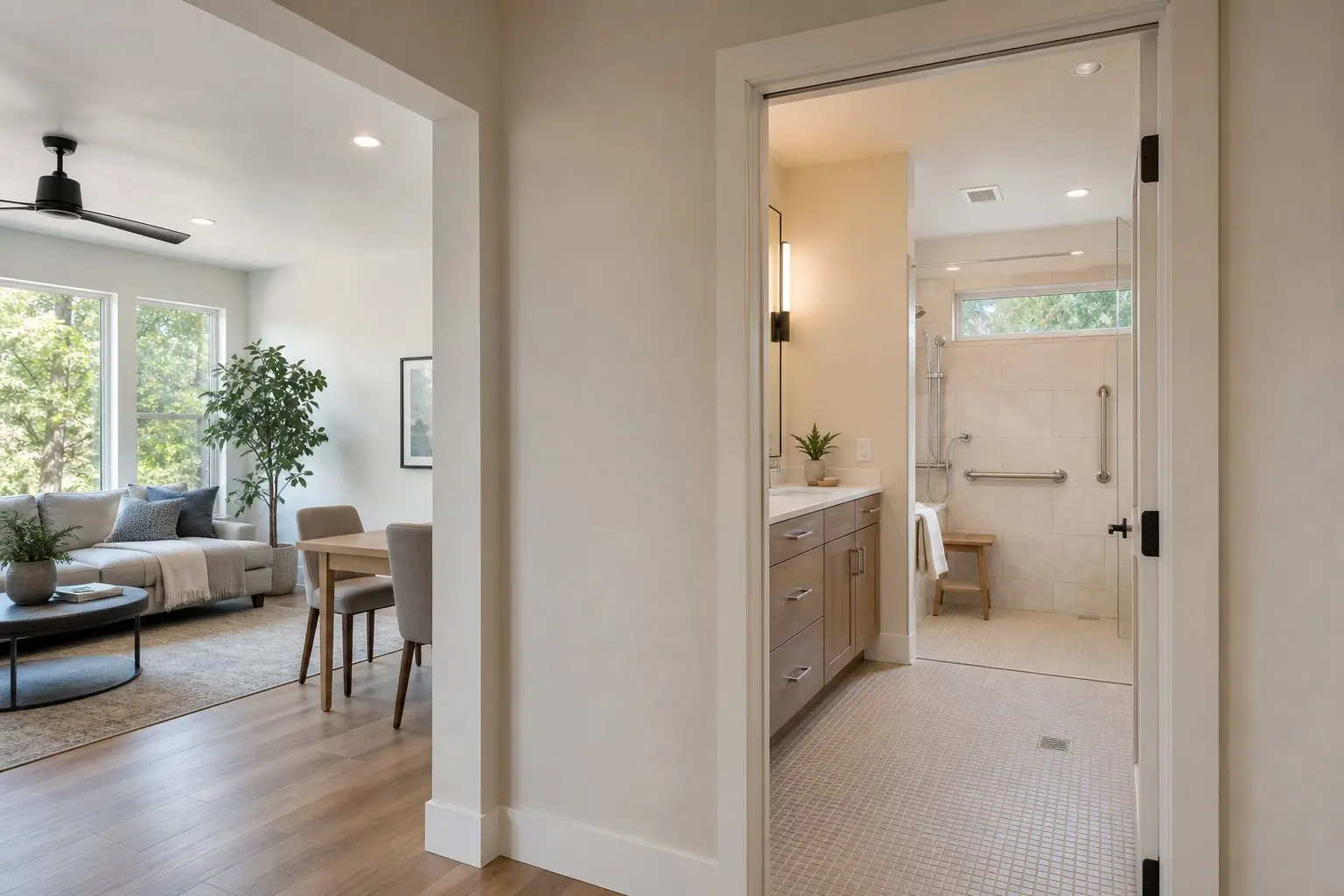 Accessible ADU interior with a wide doorway, a curbless shower and grab bars